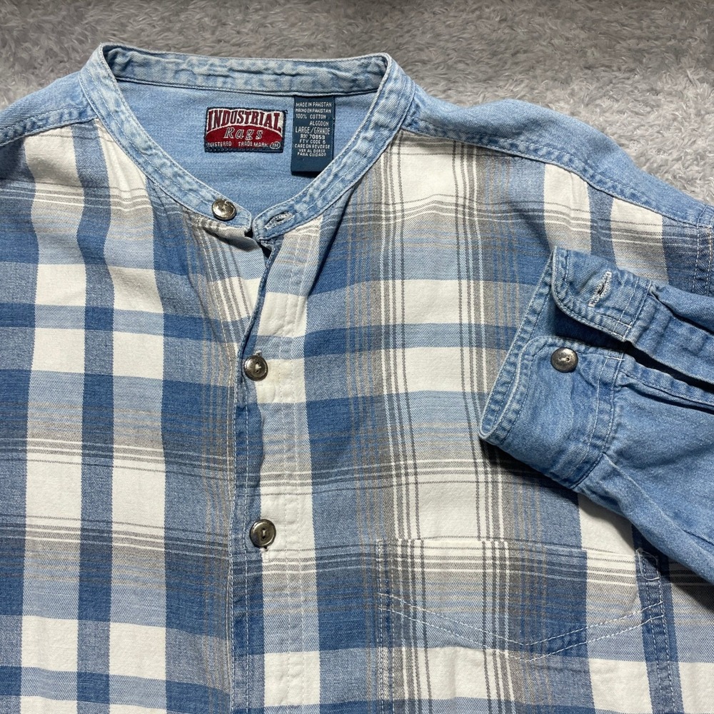 Y2K Industrial Rags Mens Large Plaid Denim Mixed Button Up:
